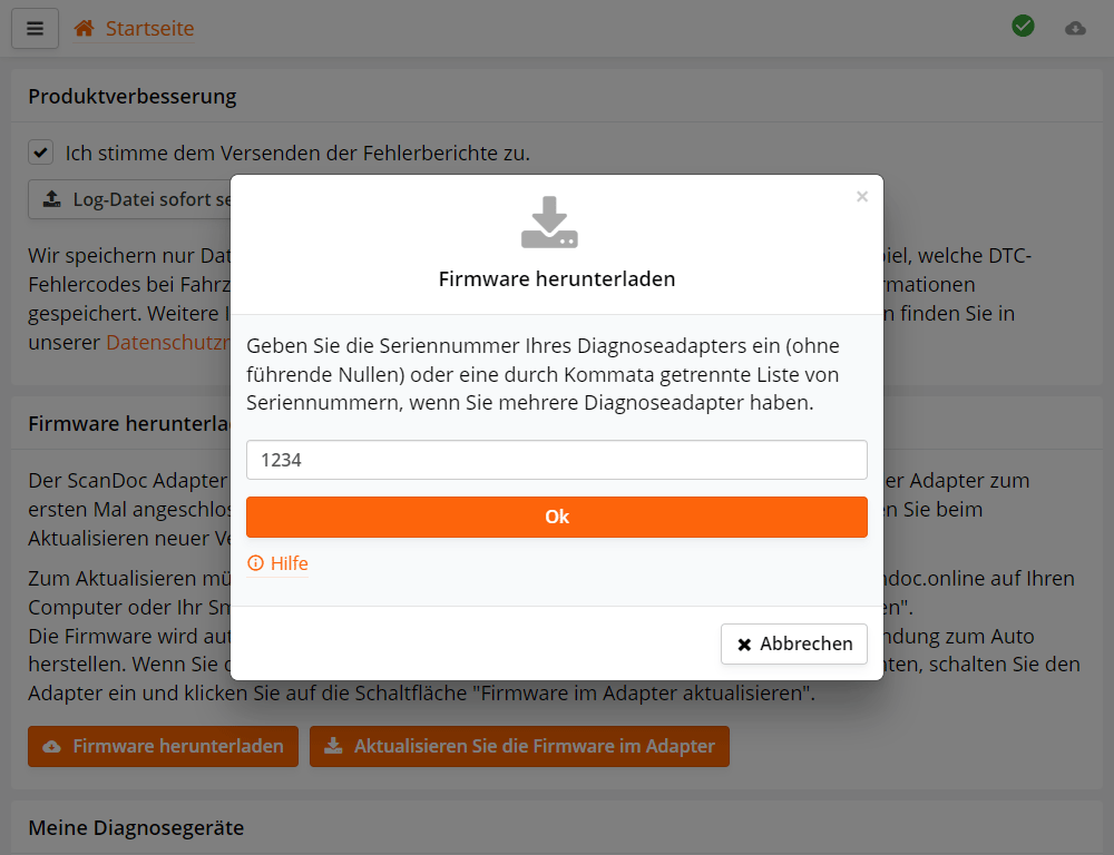 Eingabeformular für die Scanner-Seriennummer