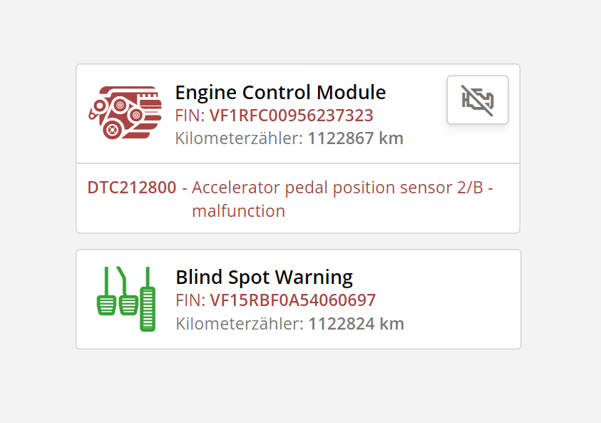 Vergleich der VIN-Nummern und Kilometerstände in den Steuergeräten