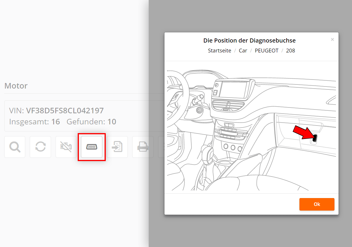 Funktion zur Anzeige der OBD-Steckerposition