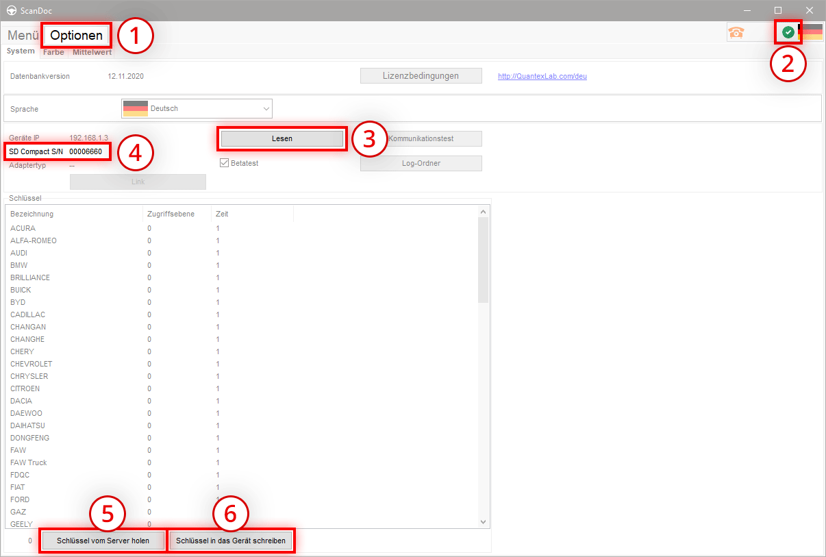 Firmware-Update des Scanners in der alten Programmversion
