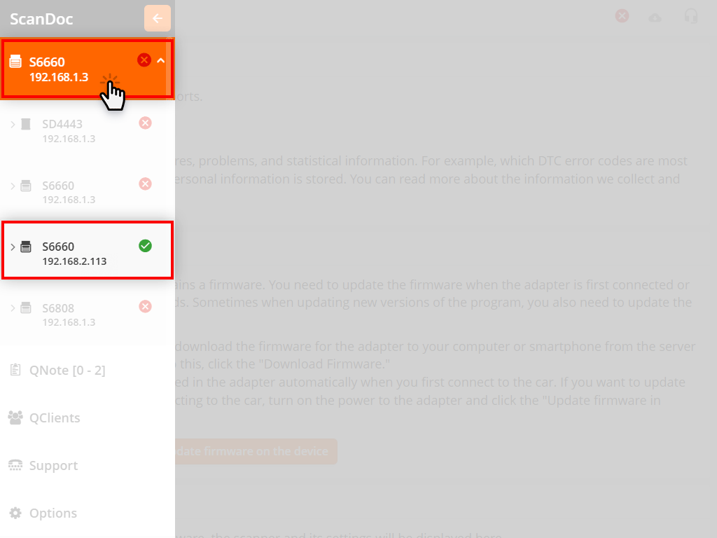 Selecting a scanner with a different connection